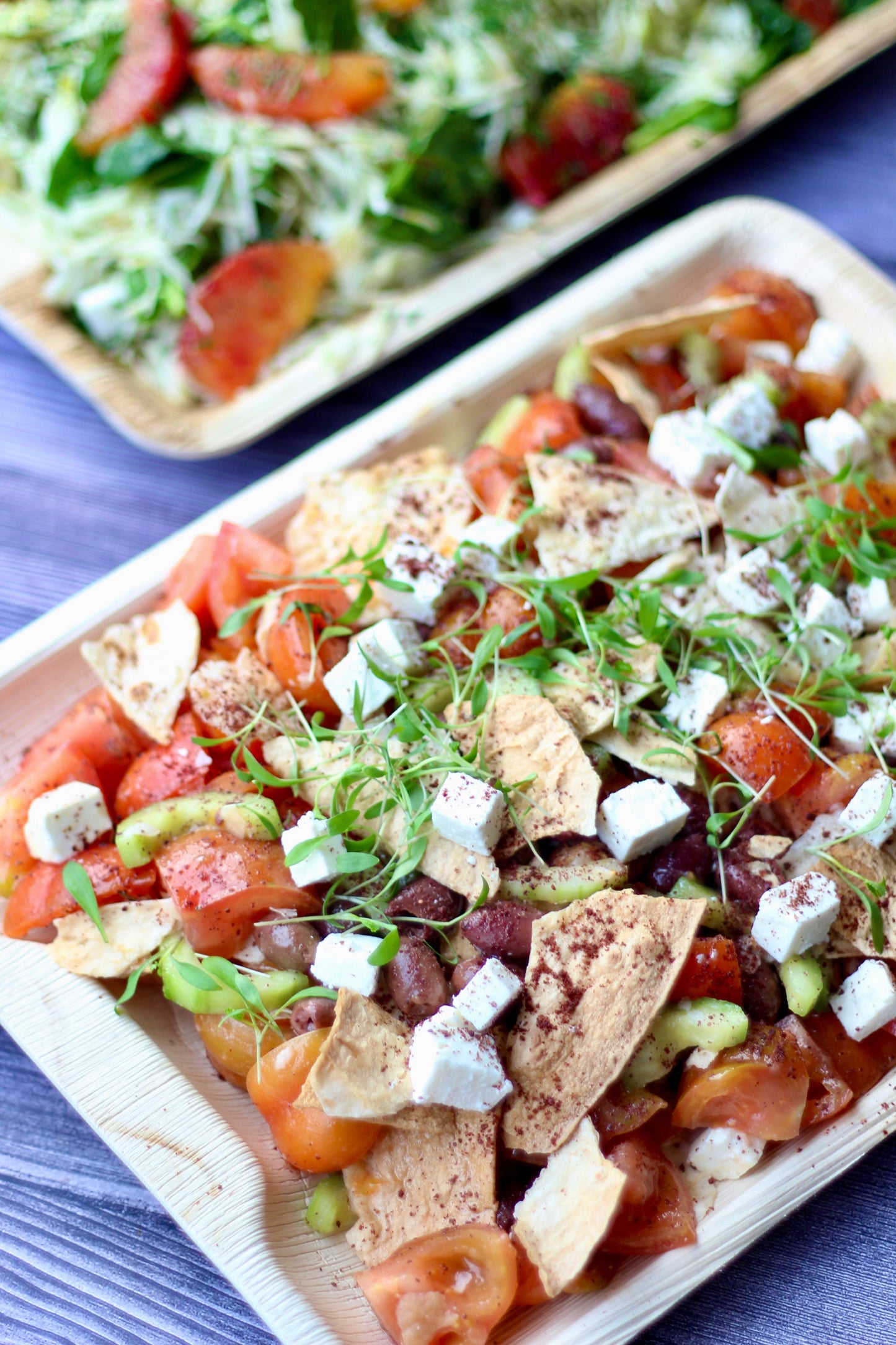 Fattoush with Tomato, Flat Bread, Cucumber, Black Olive, Sumac, Feta & Lemon Oil