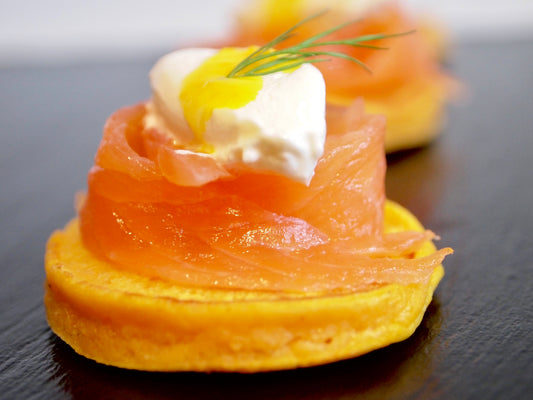 Smoked Salmon & Butternut Squash Blini with Crème Fraiche, Orange & Dill