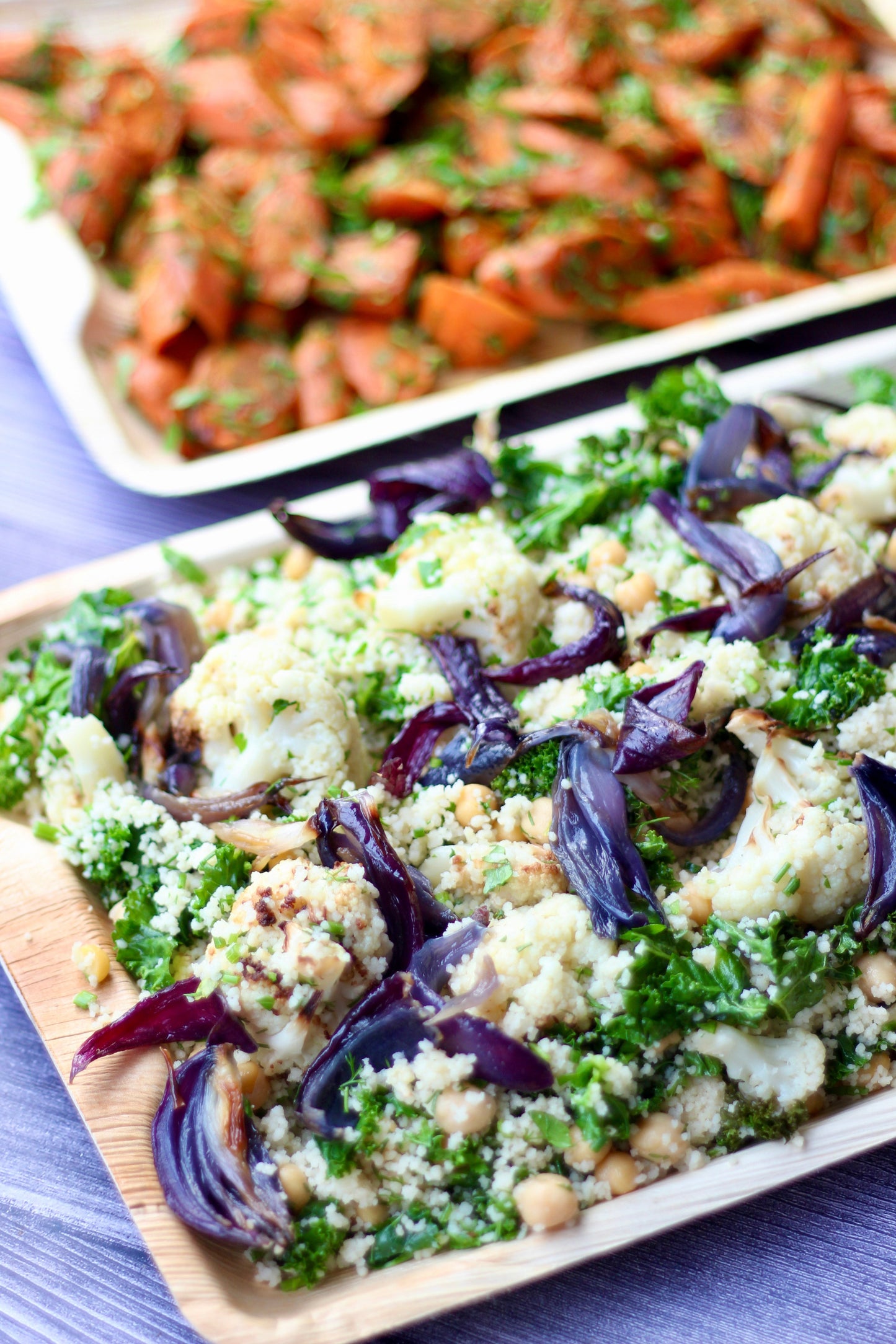Cauliflower with Roasted Red Onion, Garlic Kale, Chickpeas, Couscous & Herby Vinaigrette